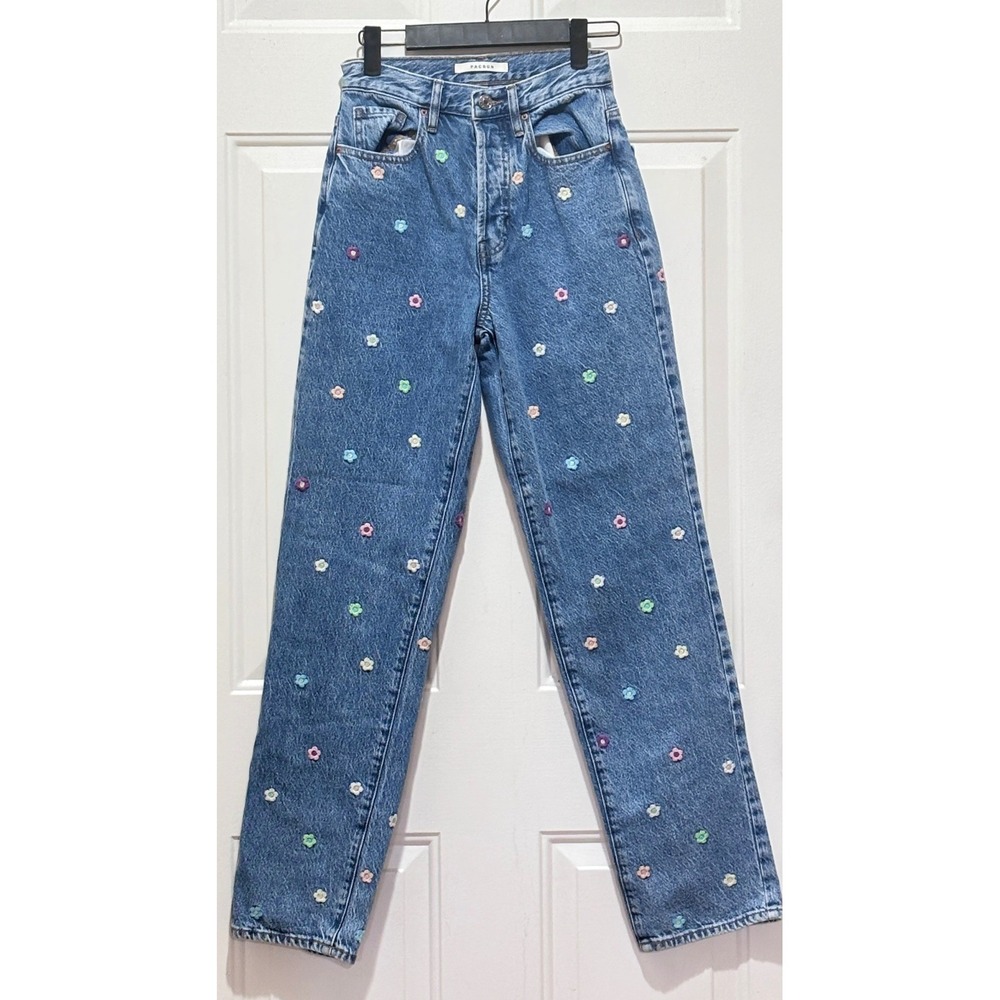 PacSun Dad Jean Embroidered Flower High Waisted Straight Leg Denim Blue 24